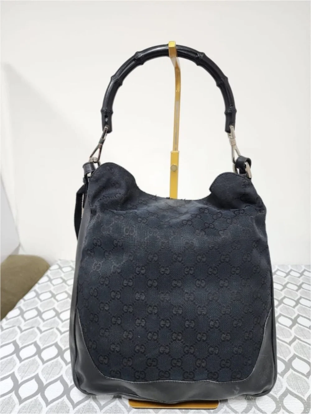 Authentic Gucci Vintage GG Canvas Bamboo Satchel Bag Black